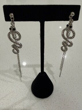 Silver Tone Snake Drop Earrings with Crystal Accents